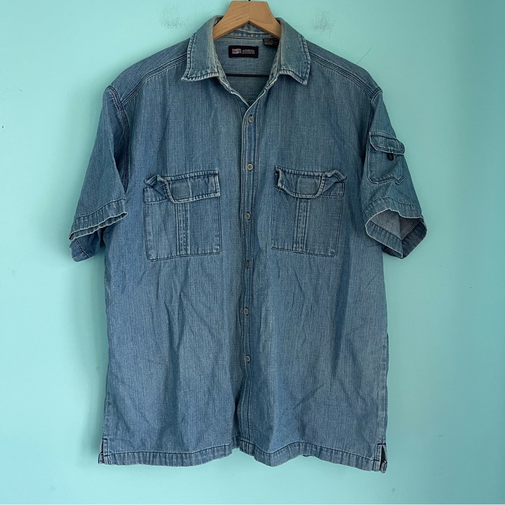 Faded Glory Denim Vintage Cargo Utility Short Sleeve Camp Shirt L Button Down